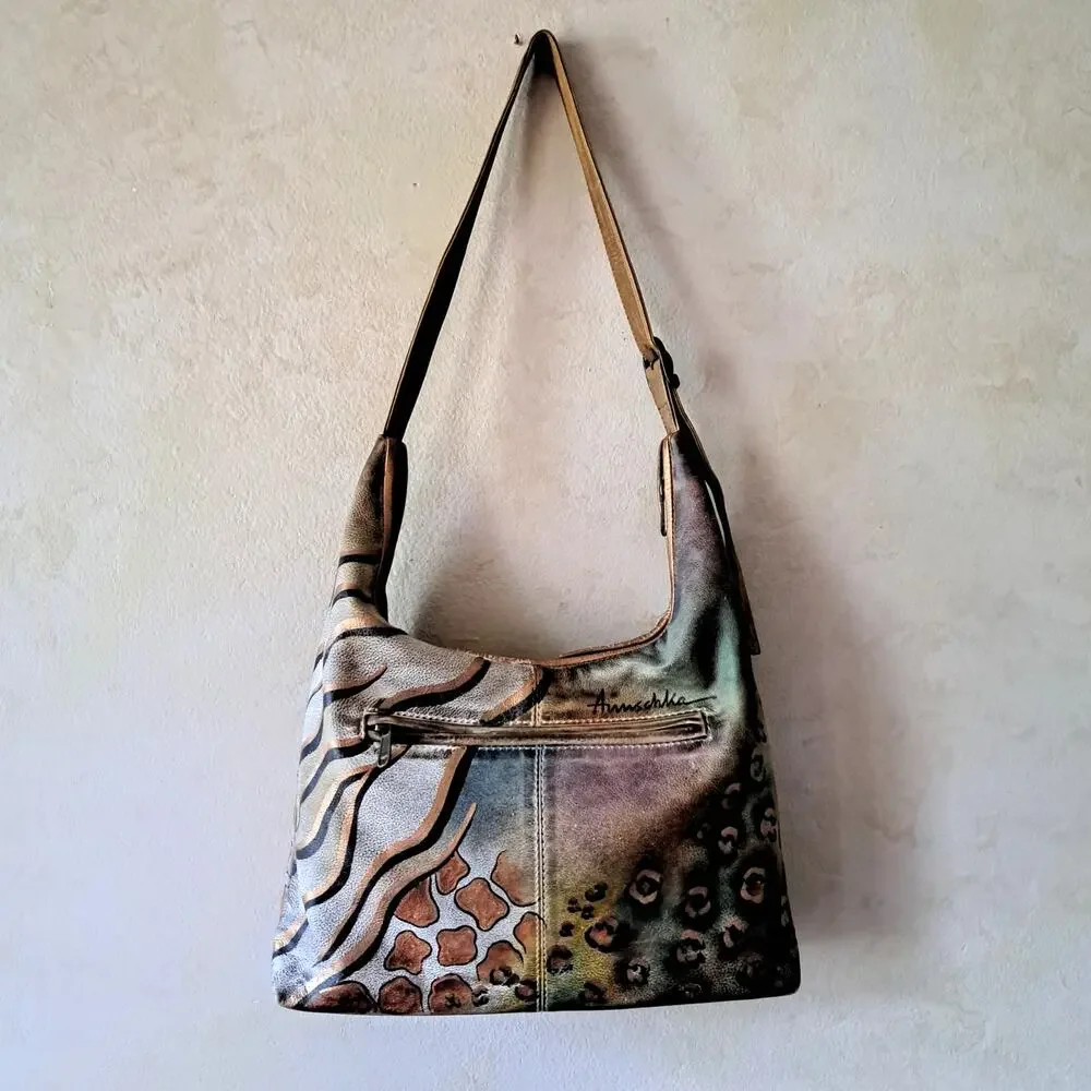 ANUSCHKA Hand Painted Leather Hobo Bag Safari Animal Print Shoulder Artisan